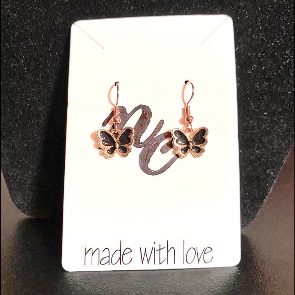Rose Gold Navy Blue Butterfly Earrings